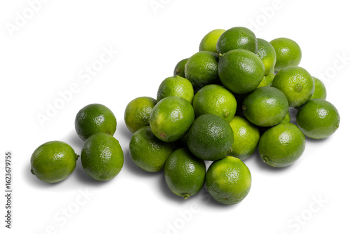 Ripe green limes on a white background. Isolated image for advertising, packaging design and food content.