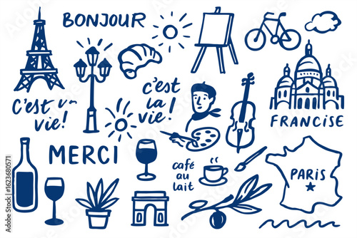 A charming illustration featuring various French cultural elements like the Eiffel Tower, wine, café au lait, and Parisian landmarks.