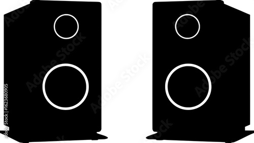 "Two black silhouette standing speakers, placed symmetrically on a light pastel gray background. Each speaker has a tall rectangular body and circular woofers, illustrated in a graphic, minimalist sty