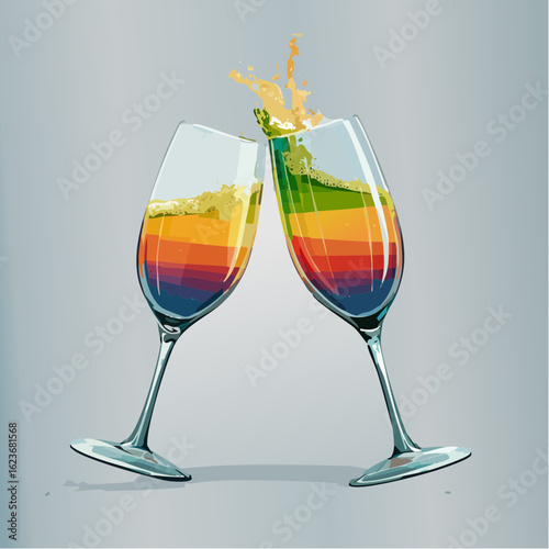 two champagne flutes clinking with rainbow liquid and bubbles, minimalist pride celebration icon in clean vector line style