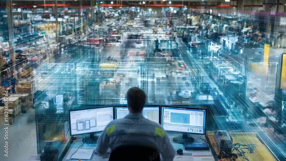 Engineer is using a digital twin and augmented reality to monitor and manage operations in a smart factory, optimizing production processes and improving efficiency