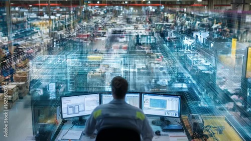 Engineer is using a digital twin and augmented reality to monitor and manage operations in a smart factory, optimizing production processes and improving efficiency