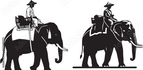 Silhouette vector two elephants with riders on their backs isolated on white background