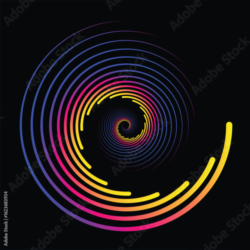 Abstract yellow, blue and pink gradient lines in circle form on black background, Spiral vortex 