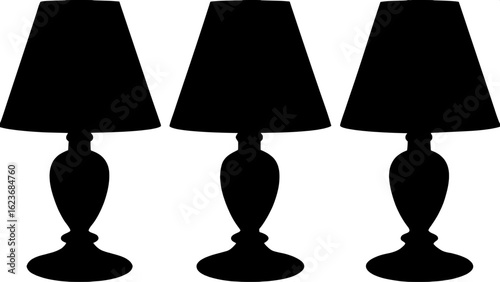 "Three black silhouette table lamps are arranged horizontally on a soft gray background. Each lamp has a simple conical shade, a straight neck, and a circular base. The style is minimalist and graphic
