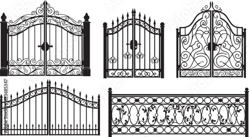 Silhouette vector collection of ornate wrought iron gates isolated on white background