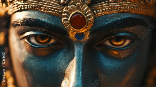 A close-up of Lord Ram's face with intricate details with glowing accents
