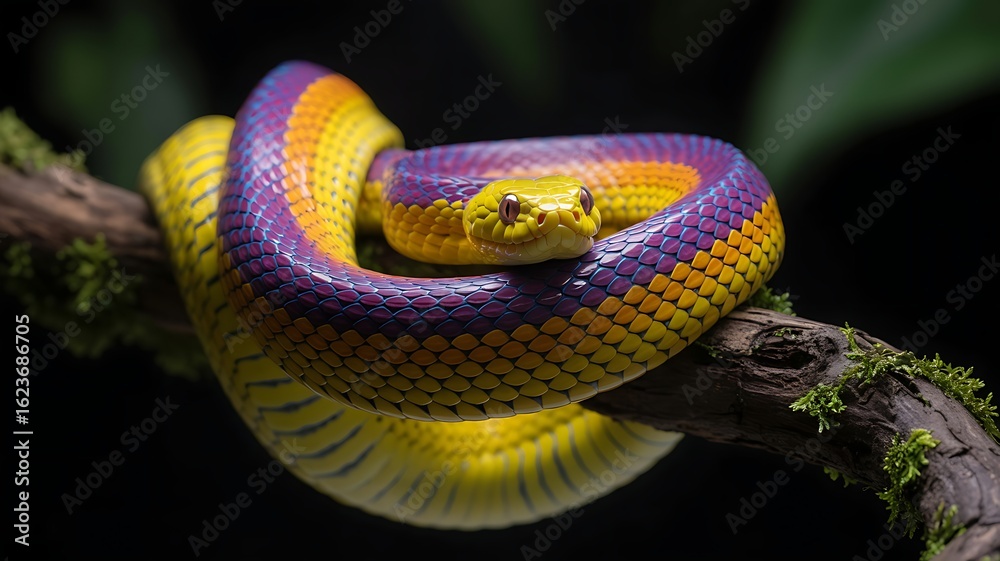 Fototapeta premium Vibrant coiled serpent on mossy branch snake reptile