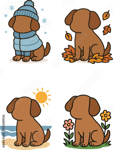 Cute Seasonal Dog Vector Set – Winter, Autumn, Summer, Spring

