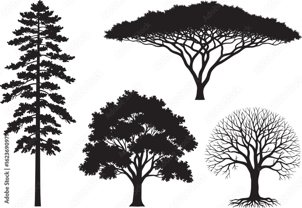 Obraz premium Silhouette vector assortment of tree silhouettes isolated on white background
