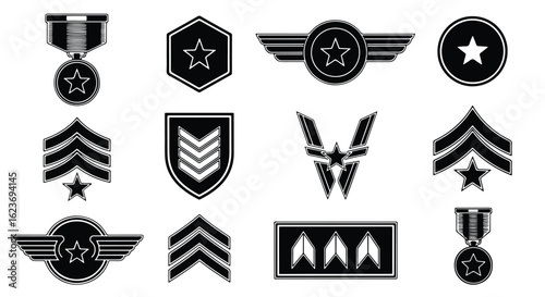 Line icon set military rank insignia with shield, wings, and star, isolated on white background