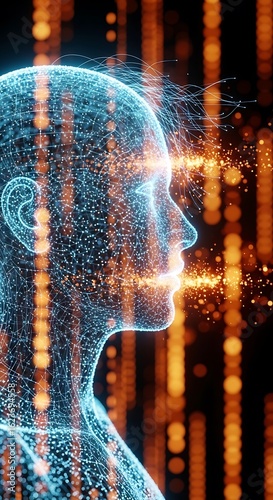 Abstract Digital Human Head Formed by Glowing Particles and Data Streams Representing Artificial Intelligence