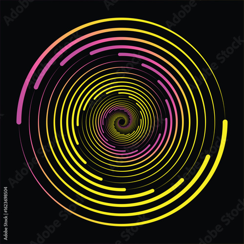 Abstract yellow and pink lines in circle form on a black background, Spiral vortex 