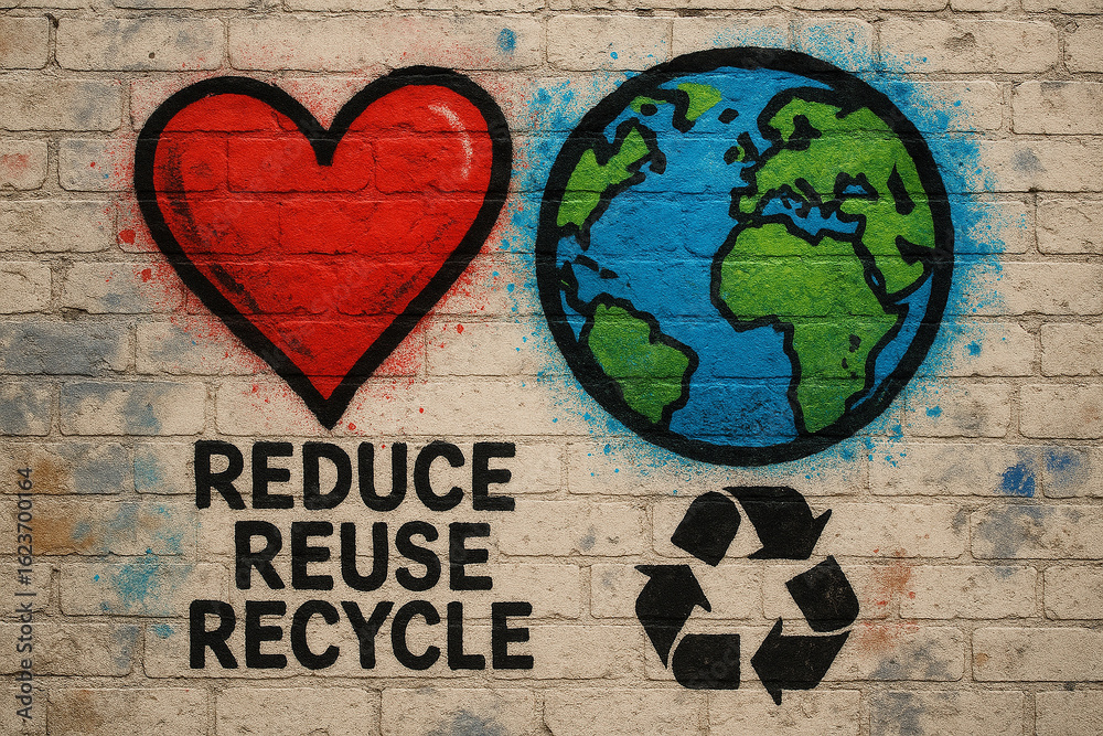 Naklejka premium Eco Street Art with Heart, Earth, and Recycle Message – Reduce Reuse Recycle