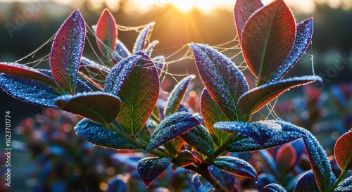 Vibrant leaves covered in frost, spiderwebs, sunrise glow