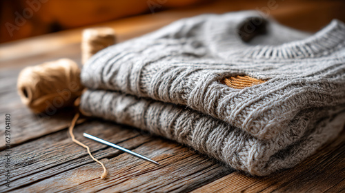 Folded wool sweater with visible mending patch and sewing needle on rustic wood table