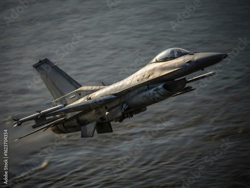 F16 Fighting Falcon flying with high altitude over the sea