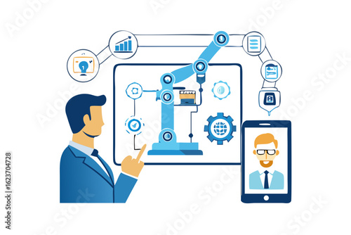 Man interacting with robotic arm and digital interface