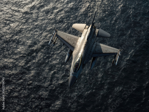 Top view of F16 Fighting Falcon flying with high altitude over the ocean. In an Air 2 Air manner.