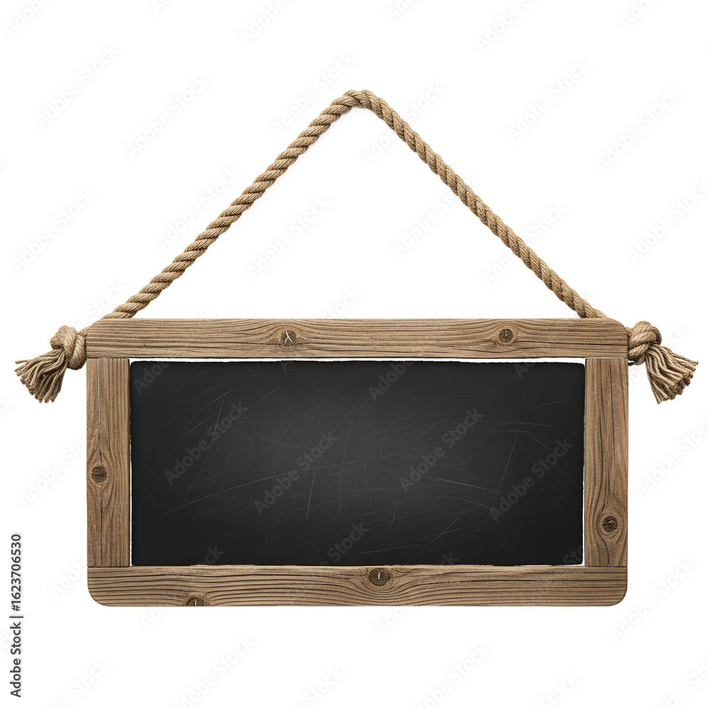 Obraz premium Rustic wooden framed blackboard hanging by rope isolated on a transparent background chalkboard png, cut out, clipping path, social media, Advertisement, high quality, HD photo, close up.