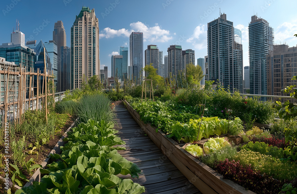 Fototapeta premium Panoramic urban rooftop vegetable garden surrounded by modern skyscrapers under bright blue summer sky