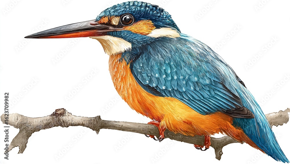 Obraz premium Realistic Vector Illustration of a Beautiful Kingfisher Bird Perched on a Branch