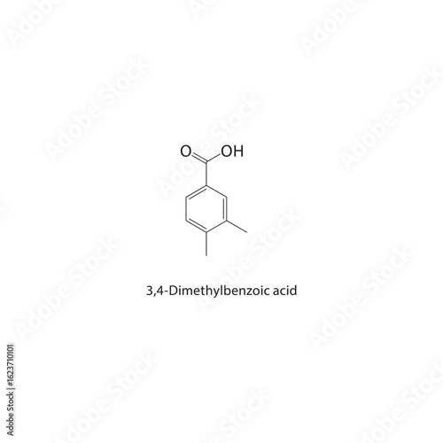 3,4-Dimethylbenzoic acid skeletal structure. Benzoic Acid compound schematic illustration. Simple diagram, chemical formula.