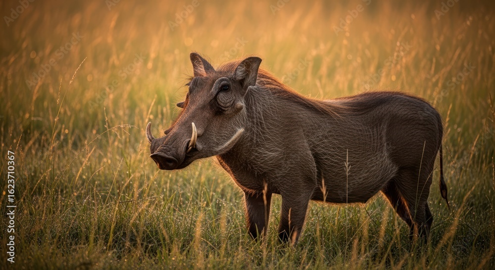 Fototapeta premium Warthog in golden savanna light