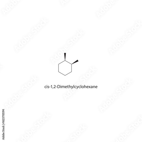 cis-1,2-Dimethylcyclohexane skeletal structure. Cycloalkane compound schematic illustration. Simple diagram, chemical formula.