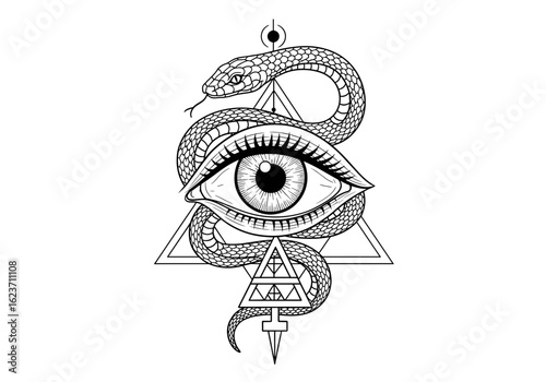 Symbolic eye with snake and triangle design for mystical purposes, monochrome black and white, copy space