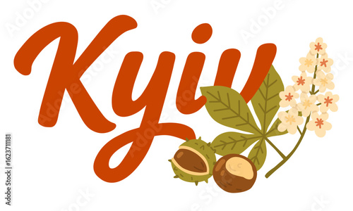 Vector illustration of the word Kyiv with chestnut leaves, flowers and nuts  a flat design tribute to the Ukrainian capital and its iconic chestnut symbol.