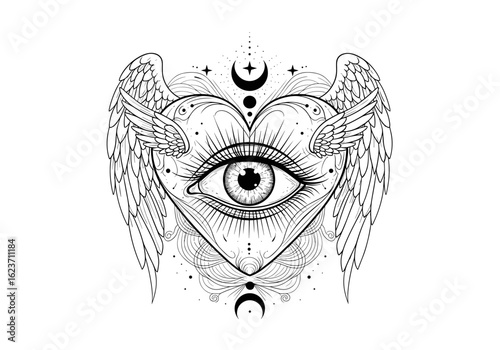 Winged heart with eye design surrounded by celestial elements for artistic expression, monochrome black and white, copy space
