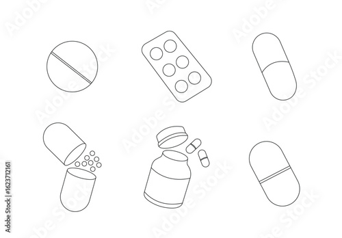Collection of medical pills capsules and blister pack isolated on a transparent background