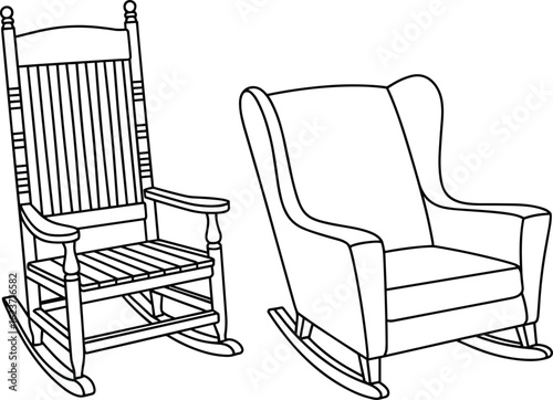 Classic and modern rocking chairs, wooden and upholstered rocker design, comfortable seating furniture, home decor illustration, relaxation vector drawing