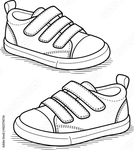 Children’s Velcro strap sneakers, kids footwear illustration, comfortable shoes design, stylish casual wear, durable outdoor shoes, vector drawing
