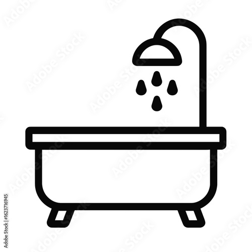 Bathtub with showerhead and water droplets in minimal outline design  