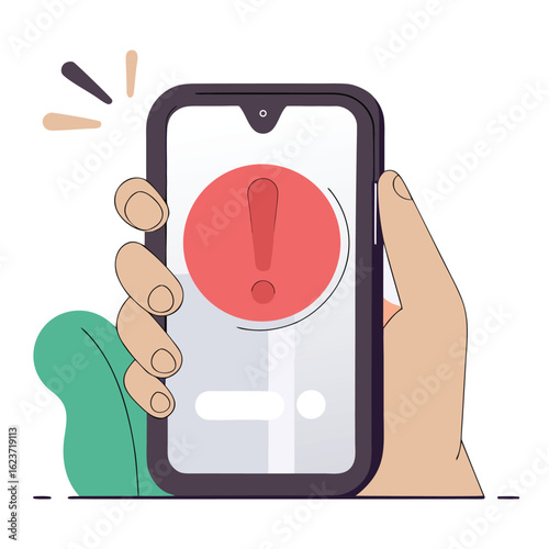 Hand holding smartphone showing red alert and exclamation mark notification