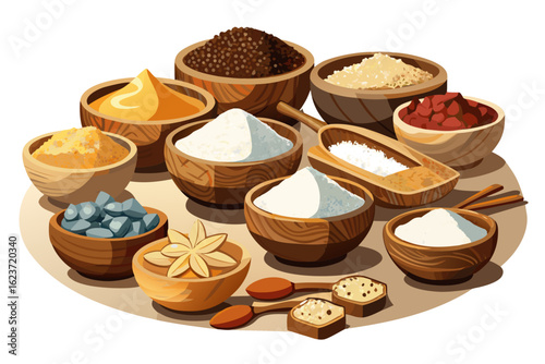 vector of All kinds of sugar in separate wooden bowls. Separated. On a white table and a white background.