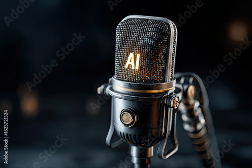 Professional studio microphone with glowing AI text display, artificial intelligence podcast recording equipment, voice recognition technology, modern broadcasting and content creation concept

