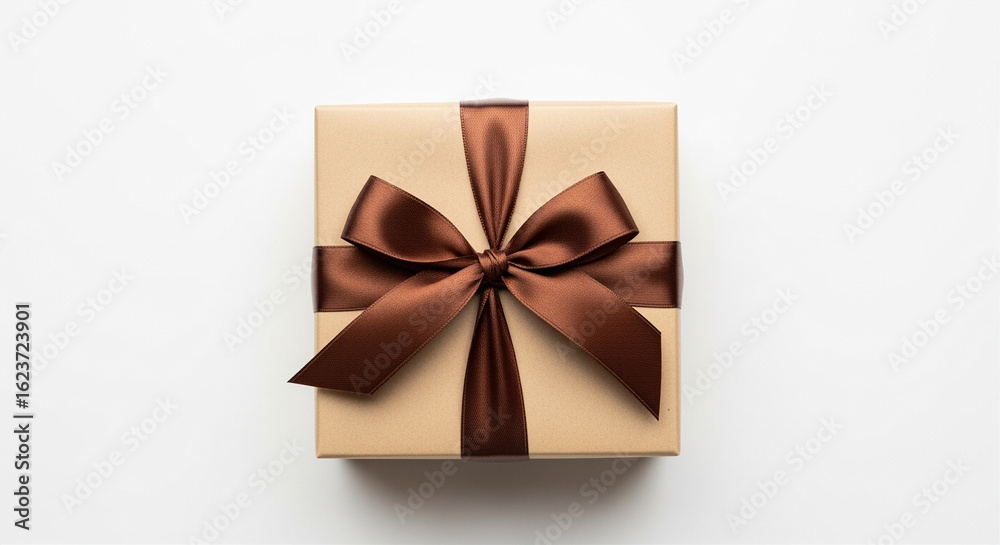 Gift box with brown ribbon bow on white background Gift box with brown ribbon bow on white background