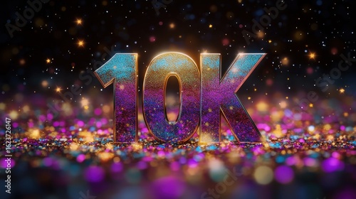 A colorful backdrop featuring the number 10k surrounded by stars