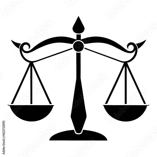 Black silhouette of justice scales symbol of law and balance isolated on white background