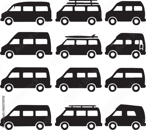 Twelve black silhouette icons of various vans and minibuses on white background vector