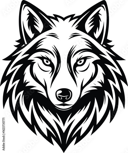 Black and White Stylized Wolf Head Graphic on White Background silhouette animal