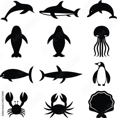 Diverse collection of black aquatic animal silhouettes on a white background dolphin