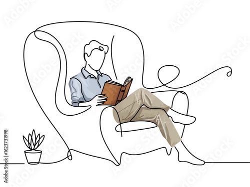 One Continuous Line Drawing of a Man Reading a Book in an Armchair. Modern Minimalist Illustration of Relaxed Leisure Activity at Home.