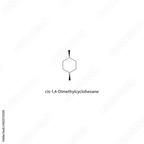cis-1,4-Dimethylcyclohexane skeletal structure. Cycloalkane compound schematic illustration. Simple diagram, chemical formula.