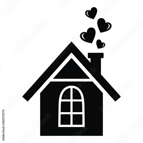 Silhouette black vector vector art of house with hearts coming out of chimney isolated on white background
