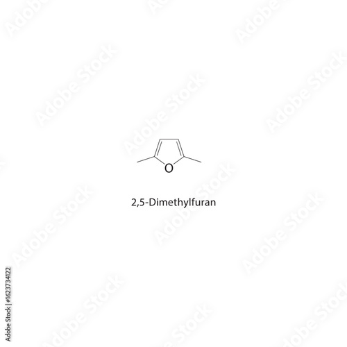 2,5-Dimethylfuran skeletal structure. Furan compound schematic illustration. Simple diagram, chemical formula.