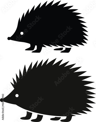 Two black silhouettes of hedgehogs facing left on a white background animal wildlife